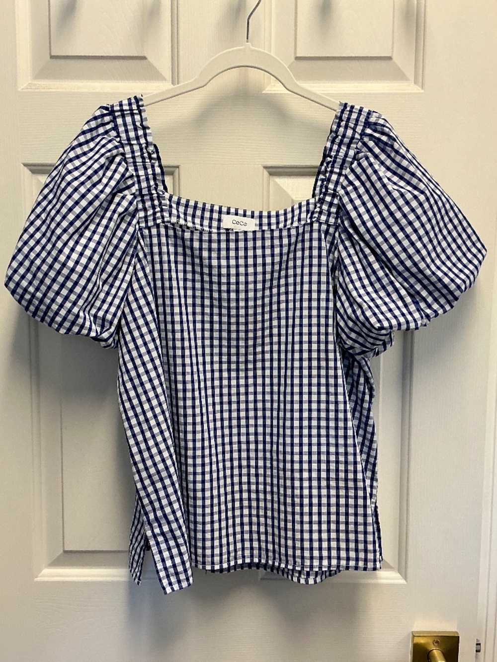 CeCe medium Blue and White gingham puff sleeved square neck top size Medium